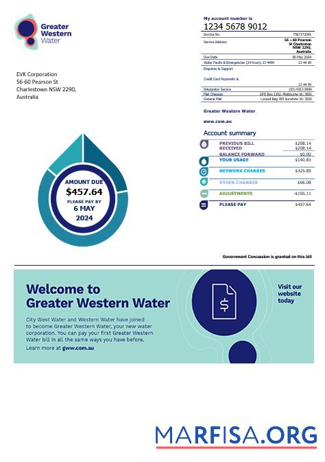 Downloadable Australia Greater Western Water business utility bill template in